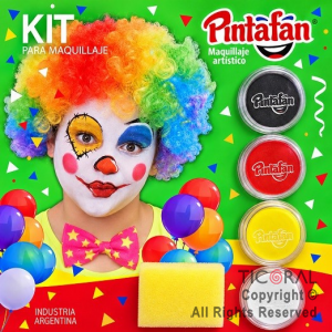 KIT MAQUILLAJE ARTISTICO PAYASO BLANCO NEGRO ROJO AMARILLO (4 - 8GR) + ESPONJA 05-01